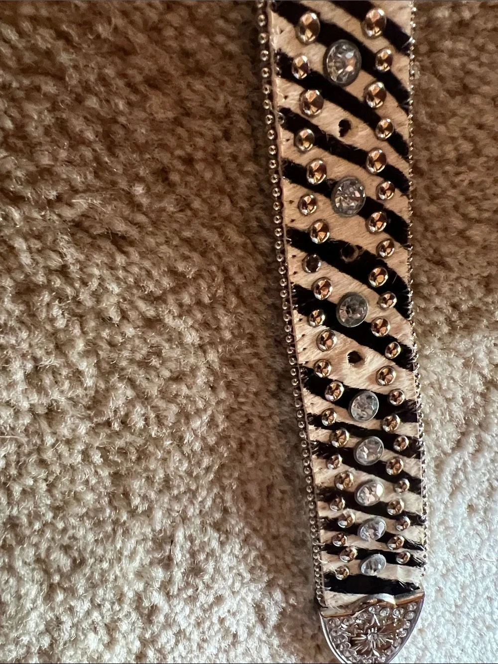 Stony Mound Black and White Zebra Haircalf Crystal-Studded Belt